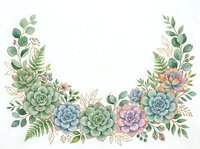 Succulent plants and ferns arranged in decorative wreath with pink flowers on white isolated background, ready for design projects, invitations, and botanical artwork.