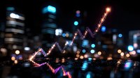 Glowing financial chart line against blurred city nightscape with bokeh lights reflecting on wet surface, showing market growth and urban prosperity.