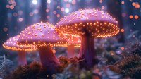 Glowing magical mushrooms in enchanted forest with sparkling lights and bokeh effect at night, creating mystical fairy tale atmosphere.