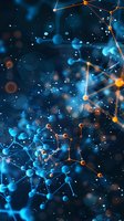 Abstract molecular structure with glowing blue and orange nodes connected by bright lines against dark background, depicting scientific network or neural connections.