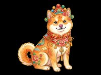 Cute Shiba Inu dog in traditional Chinese festive costume with floral embroidery and crown, isolated on transparent background, ready for stickers, t-shirt design, clipart.