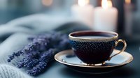 Elegant teacup with black tea on saucer next to fresh lavender sprigs and glowing candles in soft focus background, creating cozy atmospheric composition.