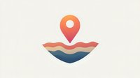 Minimalist location pin icon over abstract landscape with wavy layers in coral, peach and navy blue tones, isolated on light background for travel and navigation design.