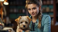 Young Caucasian woman with braided hair and teal jacket holding adorable Yorkshire terrier puppy, warm atmospheric lighting creates cozy pet photography mood in indoor setting.
