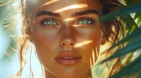 Close up portrait of young woman with bright blue eyes and freckles in natural sunlight with palm leaf shadows on face creating artistic lighting effect.