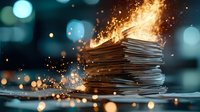 Stack of paper documents burning with bright flames and sparks against dark background with bokeh lights, dramatic office destruction concept.