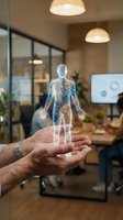 Hand holding holographic human body with glowing nervous system and circulatory pathways in modern office environment. Healthcare technology and medical innovation concept.
