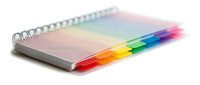 Spiral-bound notebook with rainbow gradient pages transitioning from white to vibrant colors, isolated on white background for design, printing, and educational materials.