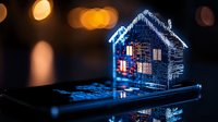 Glowing holographic house model emerging from smartphone screen with blue light effect and bokeh background, reflecting modern smart home technology.