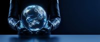 Hands holding glowing planet Earth against dark background, representing global responsibility, environmental protection, and sustainable business practices.
