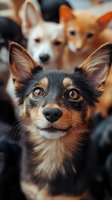 Close-up portrait of adorable chihuahua mix dog with striking amber eyes and black-tan fur, other pets blurred in background, showing curious expression.