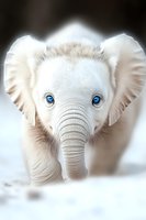 White baby elephant with striking blue eyes and large ears in close-up portrait view against soft blurred background, fantasy wildlife art concept.