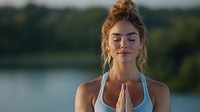 Young blonde woman practicing meditation with prayer hands pose outdoors by lake during golden hour sunset for mindfulness and wellness lifestyle.