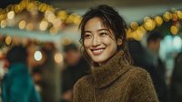 Young Asian woman smiling warmly in cozy brown turtleneck sweater with golden bokeh lights creating festive atmosphere for holiday marketing campaigns.
