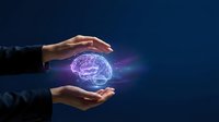Businessman hands protecting glowing purple brain hologram on dark blue background representing mental health care, neuroscience research and cognitive protection.