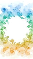 Watercolor underwater scene frame with jellyfish, coral and marine life in blue green gradient colors on white background for ocean themed designs.