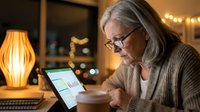 Senior woman with gray hair and glasses, wearing a brown cardigan, working on a tablet at her desk in a warm, lamp-lit home office environment during evening hours.
