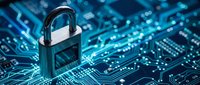 Digital padlock on glowing blue circuit board representing cybersecurity, data protection and network security for technology and business applications.