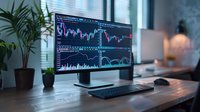 Trading monitor displaying financial charts and market analysis data in modern office workspace with palm plant, keyboard and mouse on wooden desk.