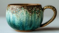 Handcrafted ceramic mug with turquoise glaze and golden rim, artisan pottery cup for coffee or tea, rustic kitchen decor and tableware design.