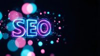 Glowing neon SEO letters with colorful bokeh lights and particles on dark background for digital marketing and search engine optimization concepts.
