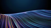Abstract wavy lines in neon blue, purple and orange colors creating dynamic flowing pattern against dark background for technology and motion designs.