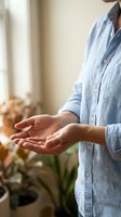 Person in blue linen shirt holding hands open with palms up in a calm indoor setting with green plants, conveying mindfulness and openness.