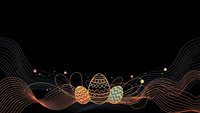Easter eggs with flowing wave lines and golden particles on dark background for holiday greeting cards and spring celebration designs.