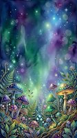 Enchanted forest floor with glowing mushrooms, ferns, and magical starlight bokeh in purple, green, and blue tones creating a mystical woodland fantasy atmosphere.