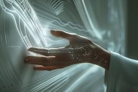 Human hand reaching through ethereal light beams with glowing particles, creating mystical atmosphere against teal background. Conceptual shot for spirituality and technology.