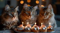 Three fluffy Maine Coon cats looking at birthday cupcakes with lit candles against blurred warm bokeh lights, creating cozy festive atmosphere.