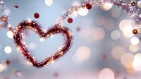 Glowing heart shape with sparkles and bokeh lights on soft blue background, romantic festive atmosphere with floating red particles and blurred circles.