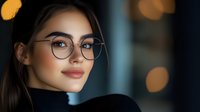 Young woman with round glasses and natural makeup looking thoughtfully away against blurred bokeh lights background in dark setting, professional portrait.