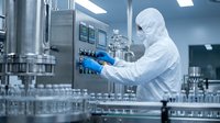 Scientist in protective suit operating pharmaceutical manufacturing equipment in sterile laboratory environment for drug production and quality control.