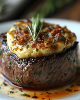 Grilled filet mignon topped with butter-poached lobster tail, garnished with fresh rosemary and herbs in savory sauce, served on white plate. Perfect surf and turf.