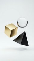 Three geometric shapes floating against neutral background: gold metallic cube, white glossy sphere, and black cone. Suitable for abstract design, business concepts, and modern graphics.