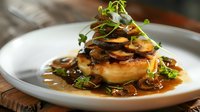 Grilled mushrooms stacked on creamy polenta round with fresh microgreens and rich brown sauce, served on white plate against rustic wooden surface.