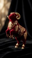 Ornate red ram figurine with golden floral patterns and curved horns displayed on dark fabric surface with warm lighting for luxury home decor and collectibles.