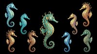 Seahorse collection featuring ten isolated marine creatures in turquoise, gold, and green tones with ornamental details, ready for t-shirt designs, clipart, stickers, sublimation, and print-on-demand products on transparent background.