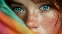 Young redhead woman with freckles and blue eyes behind colorful rainbow fabric. Natural beauty portrait with vibrant colors for lifestyle and fashion concepts.
