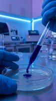 Scientist in blue latex gloves pipetting purple liquid sample into petri dish in modern laboratory with neon lighting and equipment, suitable for medical research, biotechnology, and healthcare visuals.