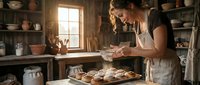 Young woman baker decorating freshly baked cookies with icing in rustic kitchen workshop. Traditional artisan bakery craft and homemade pastry preparation concept.