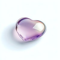 Translucent purple glass heart with soft light reflection on white background, isolated design element for romantic and love concepts.