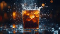 Glass of cola drink with ice cubes splashing, dynamic motion capture on dark background with bokeh lights, refreshing beverage photography.