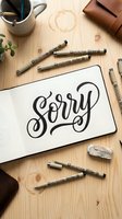 Hand lettered sorry text in a sketchbook on a wooden desk with fine liner pens, eraser, coffee mug, and leather notebook around it.