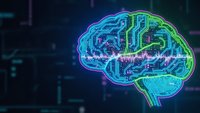 Digital brain with glowing circuit patterns and neon colors representing artificial intelligence, machine learning, and futuristic technology concepts.