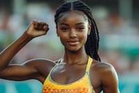 Young African American woman with braided hair showing bicep muscle and confident smile wearing yellow sports top, representing strength and wellness lifestyle.