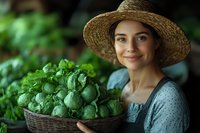 Young woman in straw hat and denim apron holding wicker basket full of fresh basil herbs from garden, sustainable farming and organic produce concept.