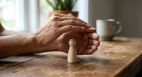 Hands protecting wooden pawn figure on table symbolizing care, support and protection concepts for business insurance and safety strategies.