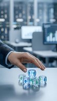Businessman hand arranging transparent dice with up and down arrows on desk, stock market trading risk and investment strategy concept.